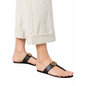 Gucci Black Leather Thong Sandals Gold Double G Logo Size 37